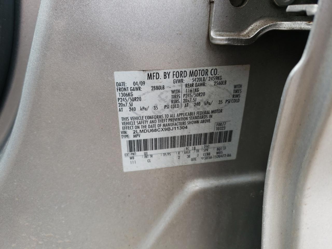 Photo 10 from auction – 2009 LINCOLN MKX with VIN 2LMDU68CX9BJ11304