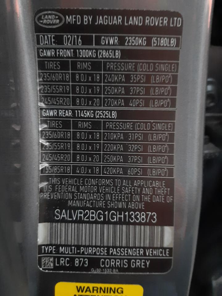 Photo 10 from auction – 2016 LAND ROVER RANGE ROVE with VIN SALVR2BG1GH133873