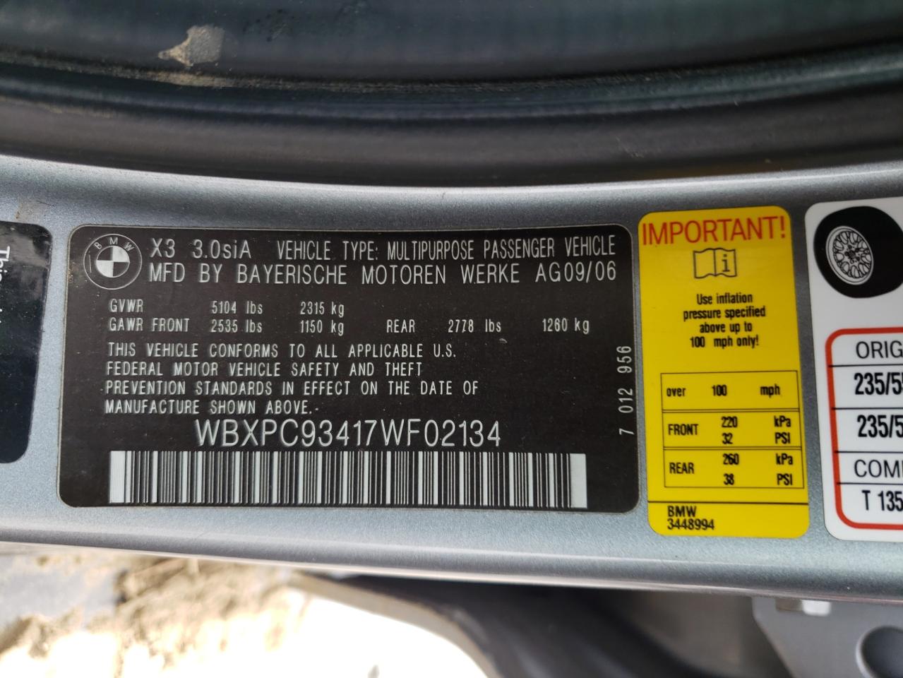 Photo 10 from auction – 2007 BMW X3 3.0SI with VIN WBXPC93417WF02134