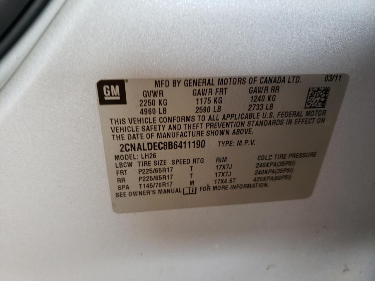 Photo 10 from auction – 2011 CHEVROLET EQUINOX LT with VIN 2CNALDEC8B6411190