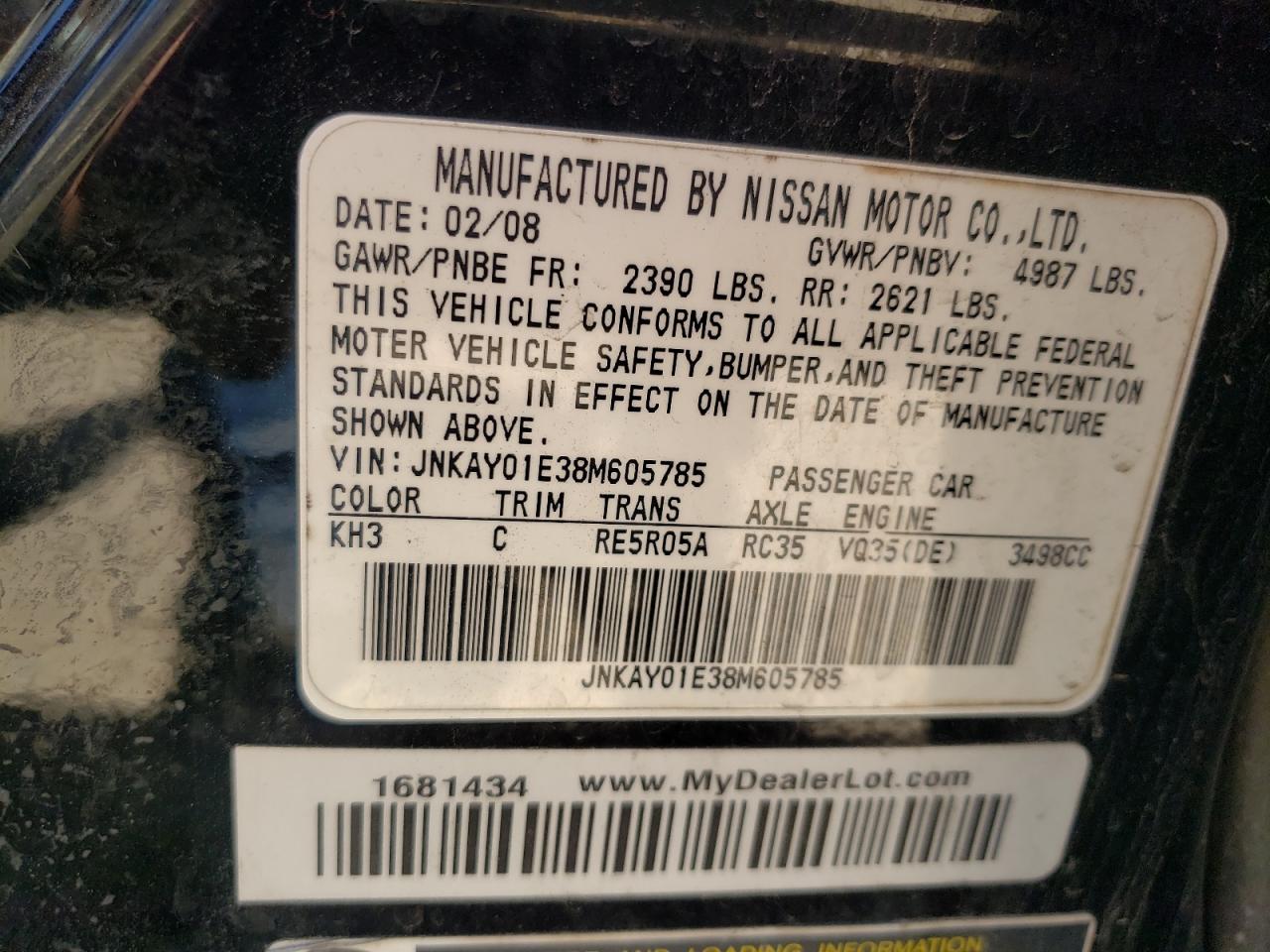 Photo 10 from auction – 2008 INFINITI M35 BASE with VIN JNKAY01E38M605785