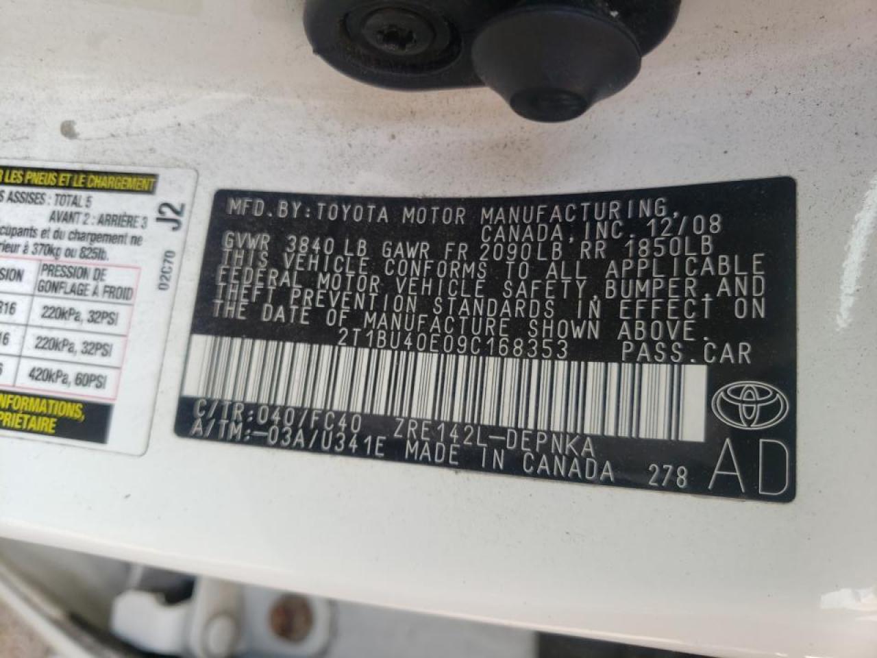Photo 10 from auction – 2009 TOYOTA COROLLA BA with VIN 2T1BU40E09C168353