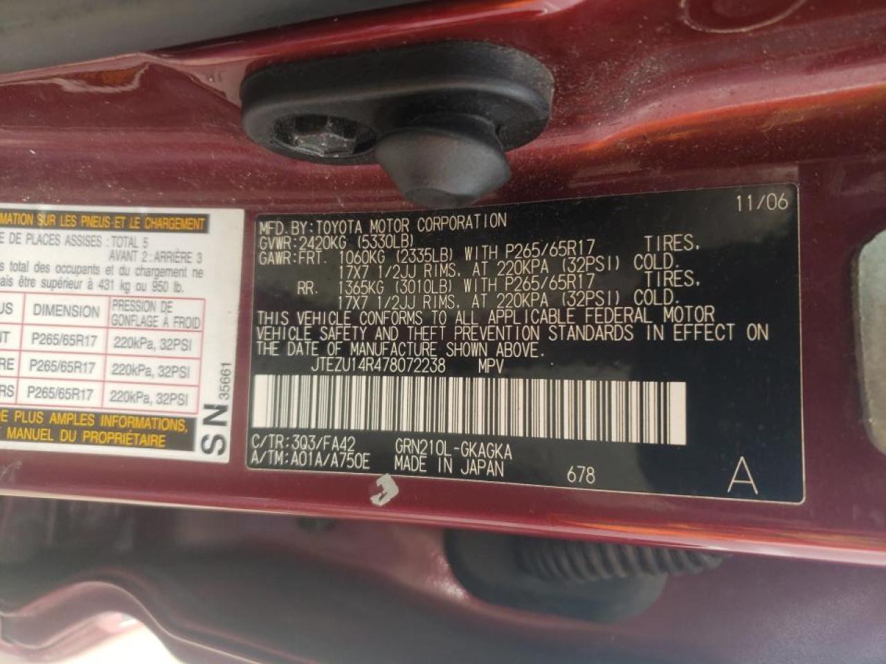 Photo 10 from auction – 2007 TOYOTA 4RUNNER SR with VIN JTEZU14R478072238