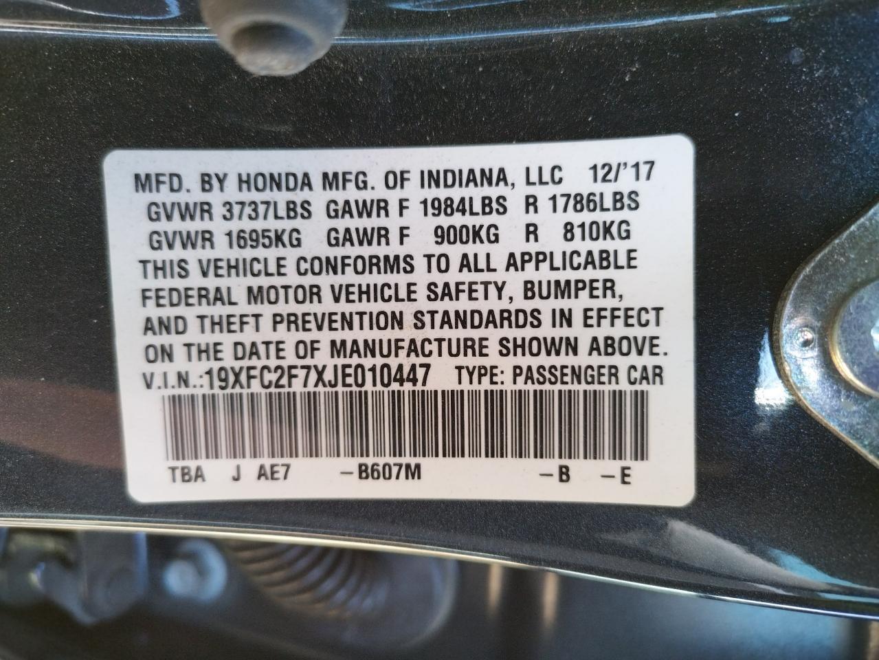 Photo 10 from auction – 2018 HONDA CIVIC EX with VIN 19XFC2F7XJE010447