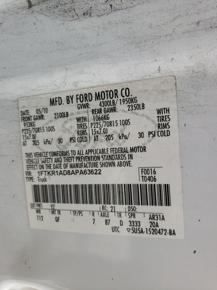 Photo 10 from auction – 2010 FORD RANGER with VIN 1FTKR1AD8APA63622