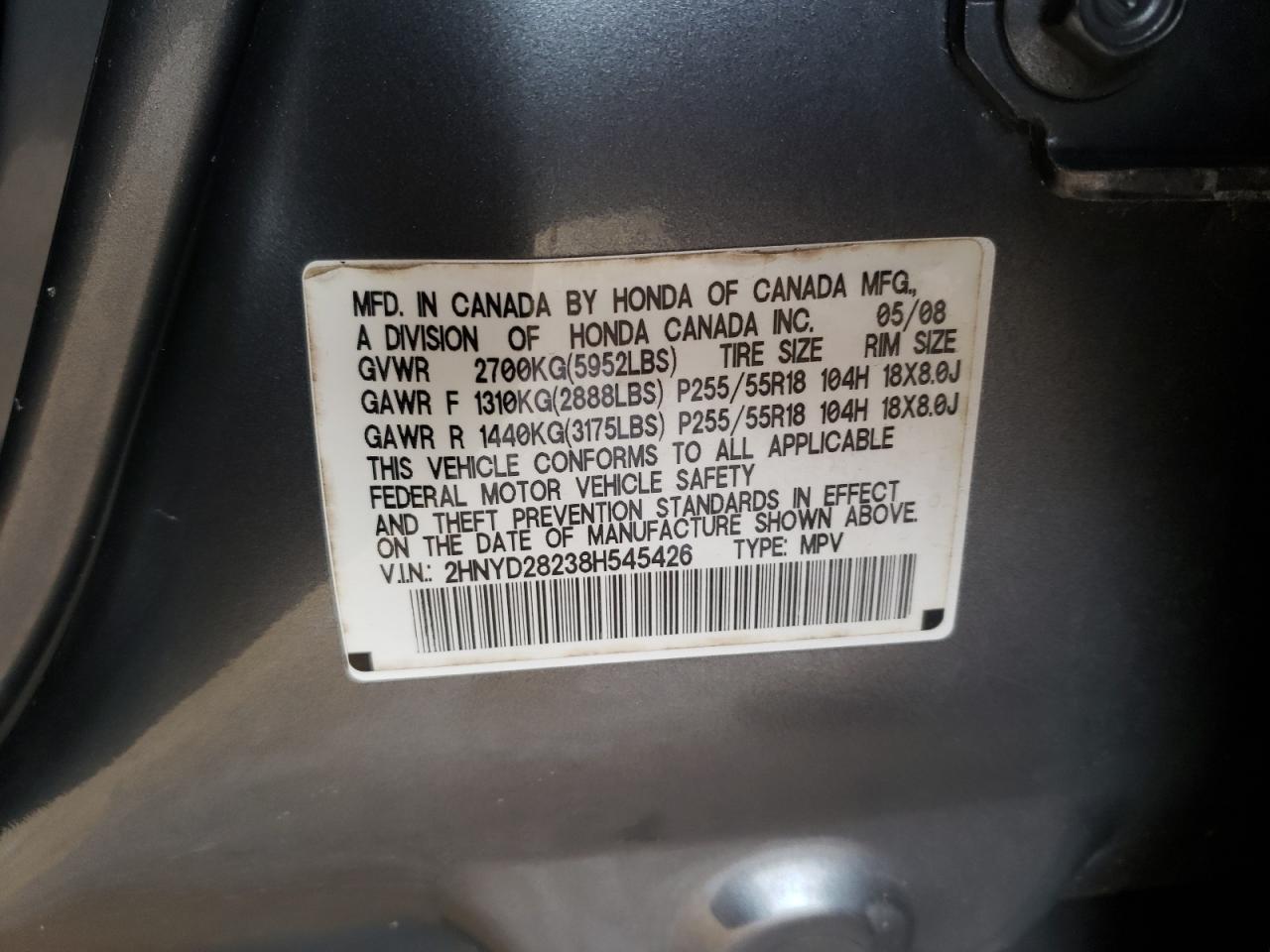 Photo 10 from auction – 2008 ACURA MDX with VIN 2HNYD28238H545426