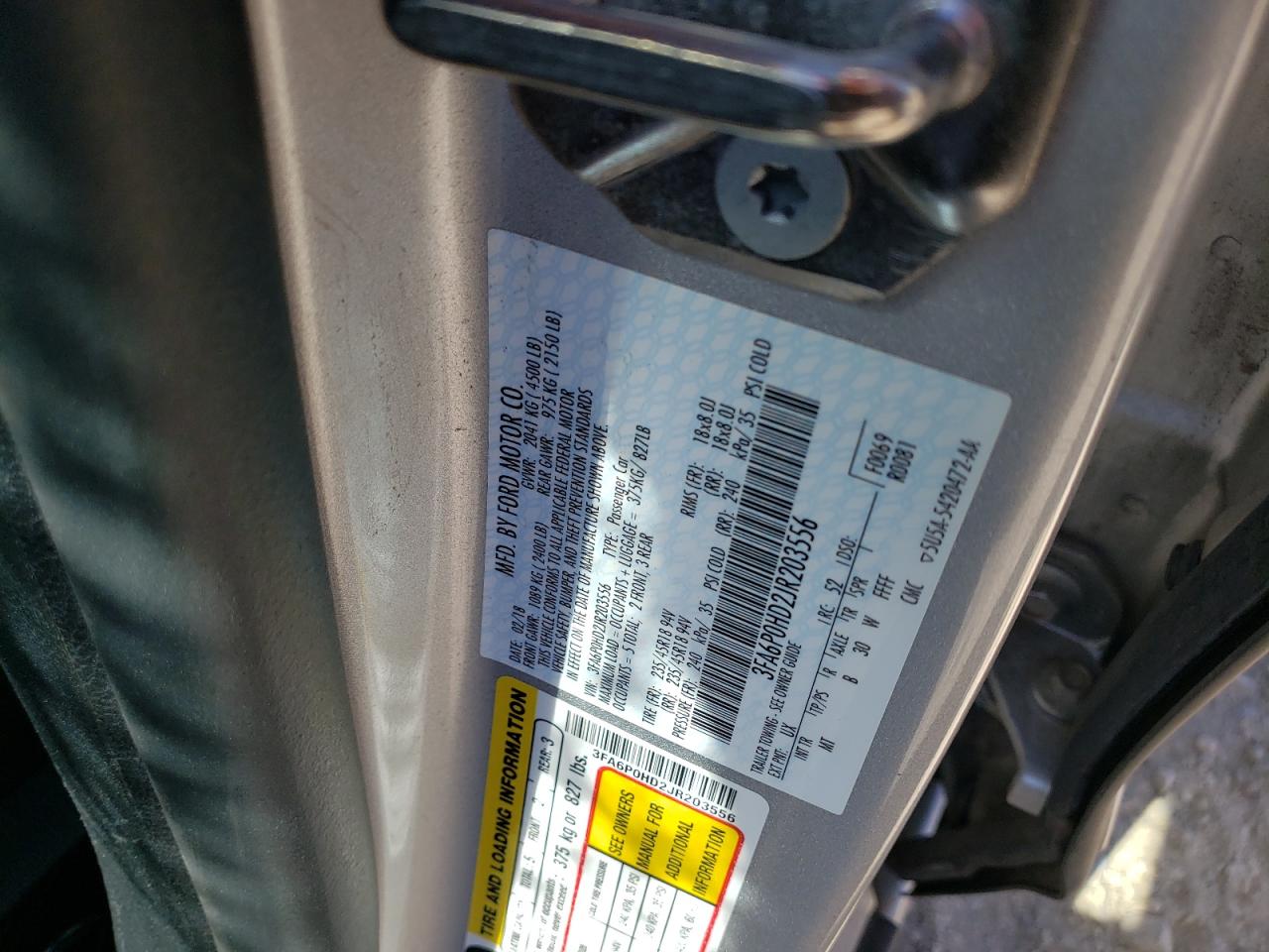 Photo 10 from auction – 2018 FORD FUSION SE with VIN 3FA6P0HD2JR203556