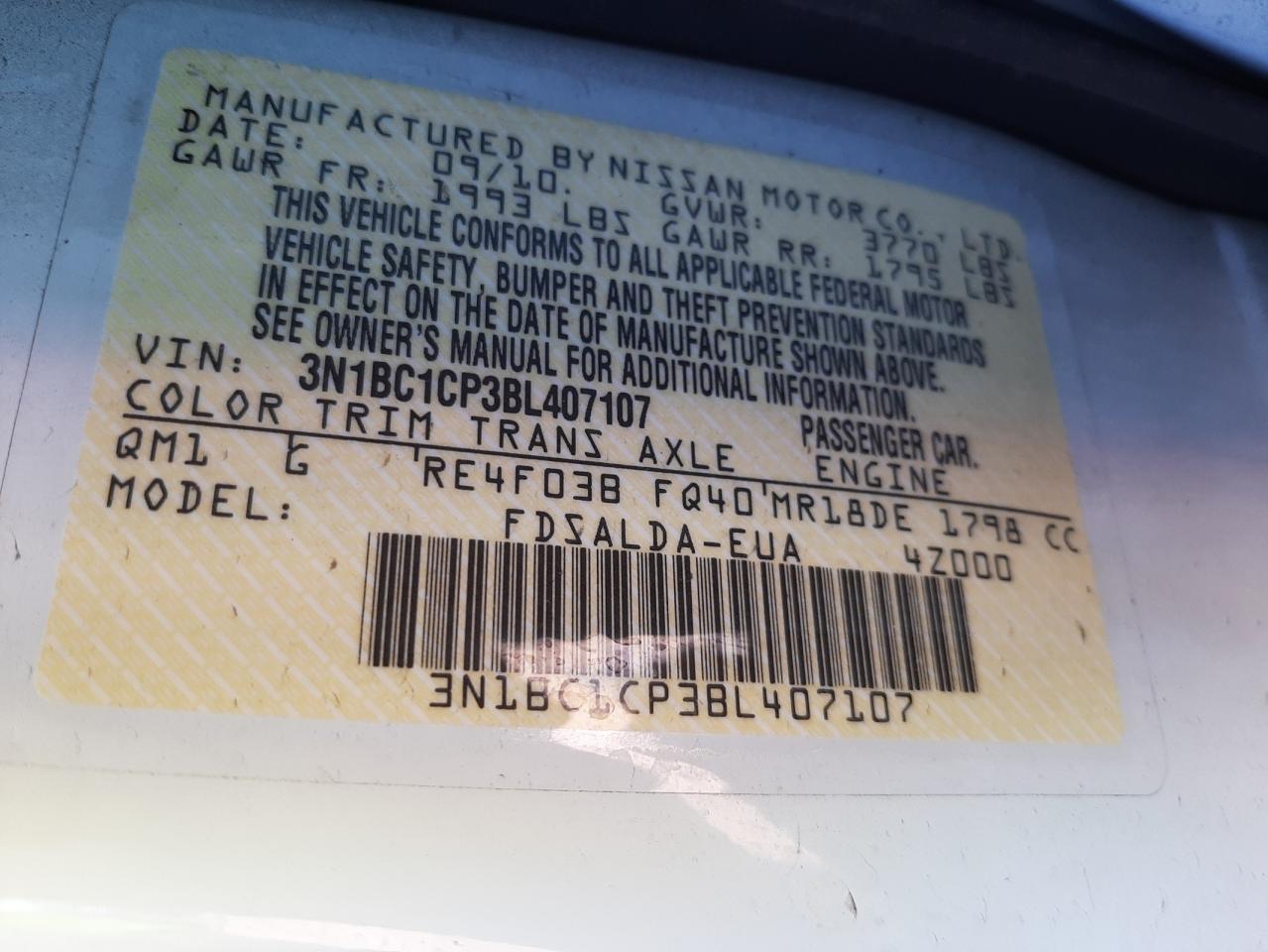 صورة رقم 10 من المزاد - 2011 NISSAN VERSA S مع VIN 3N1BC1CP3BL407107