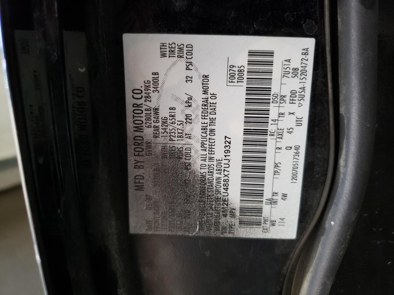 Photo 10 from auction – 2007 MERCURY MOUNTAINEE with VIN 4M2EU488X7UJ19327