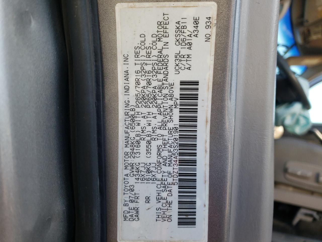 Photo 10 from auction – 2003 TOYOTA SEQUOIA SR with VIN 5TDZT34A53S201901