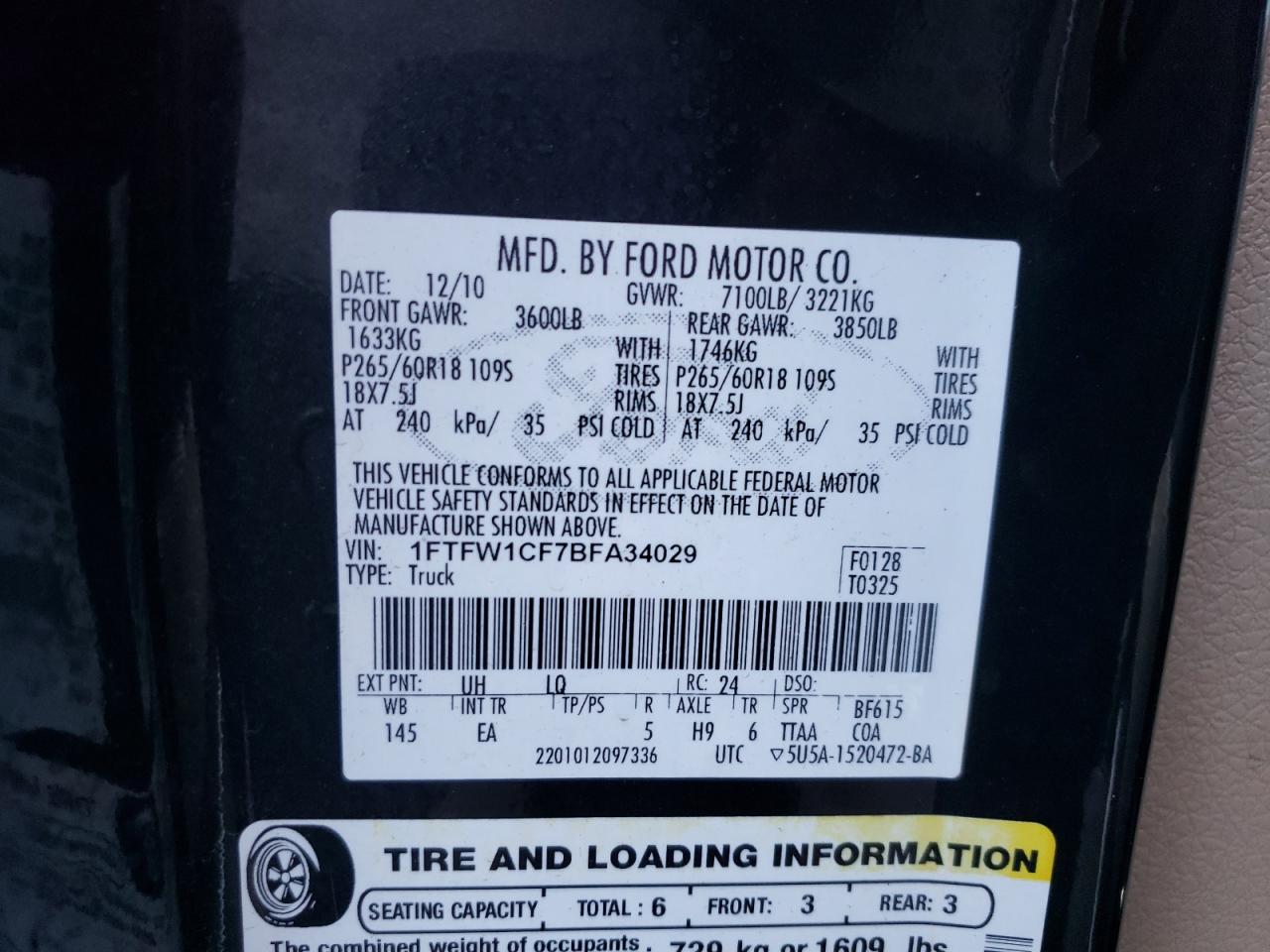Photo 10 from auction – 2011 FORD F150 SUPER with VIN 1FTFW1CF7BFA34029