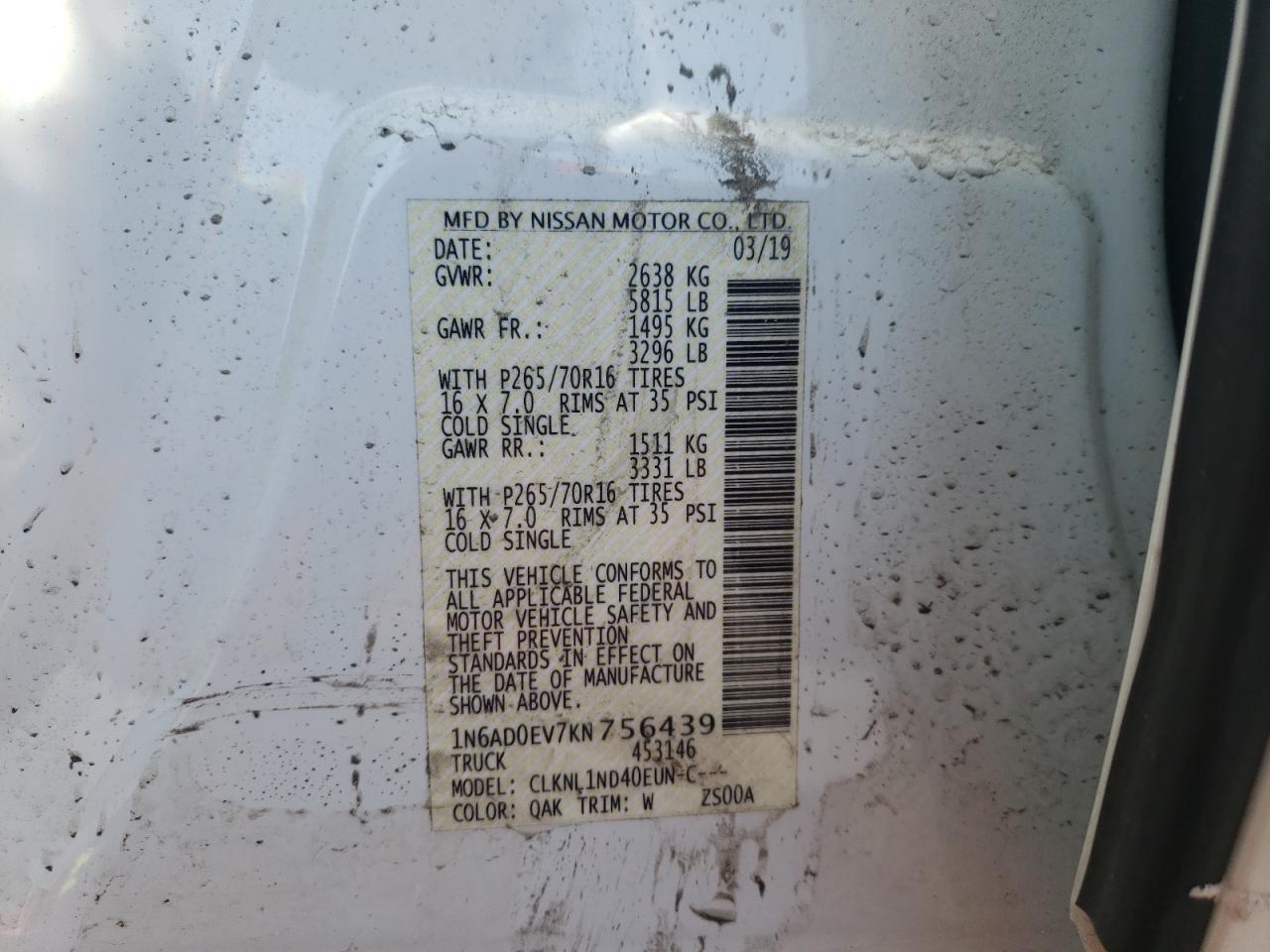 Photo 10 from auction – 2019 NISSAN FRONTIER S with VIN 1N6AD0EV7KN756439