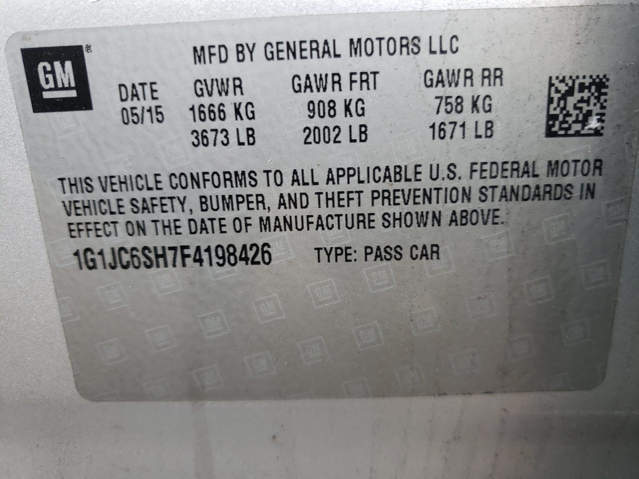 Photo 10 from auction – 2015 CHEVROLET SONIC LT with VIN 1G1JC6SH7F4198426