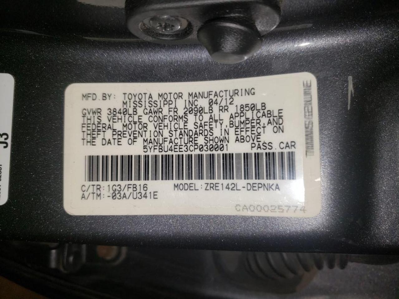 Photo 10 from auction – 2012 TOYOTA COROLLA BA with VIN 5YFBU4EE3CP030001