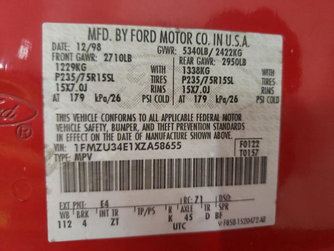 Photo 10 from auction – 1999 FORD EXPLORER with VIN 1FMZU34E1XZA58655