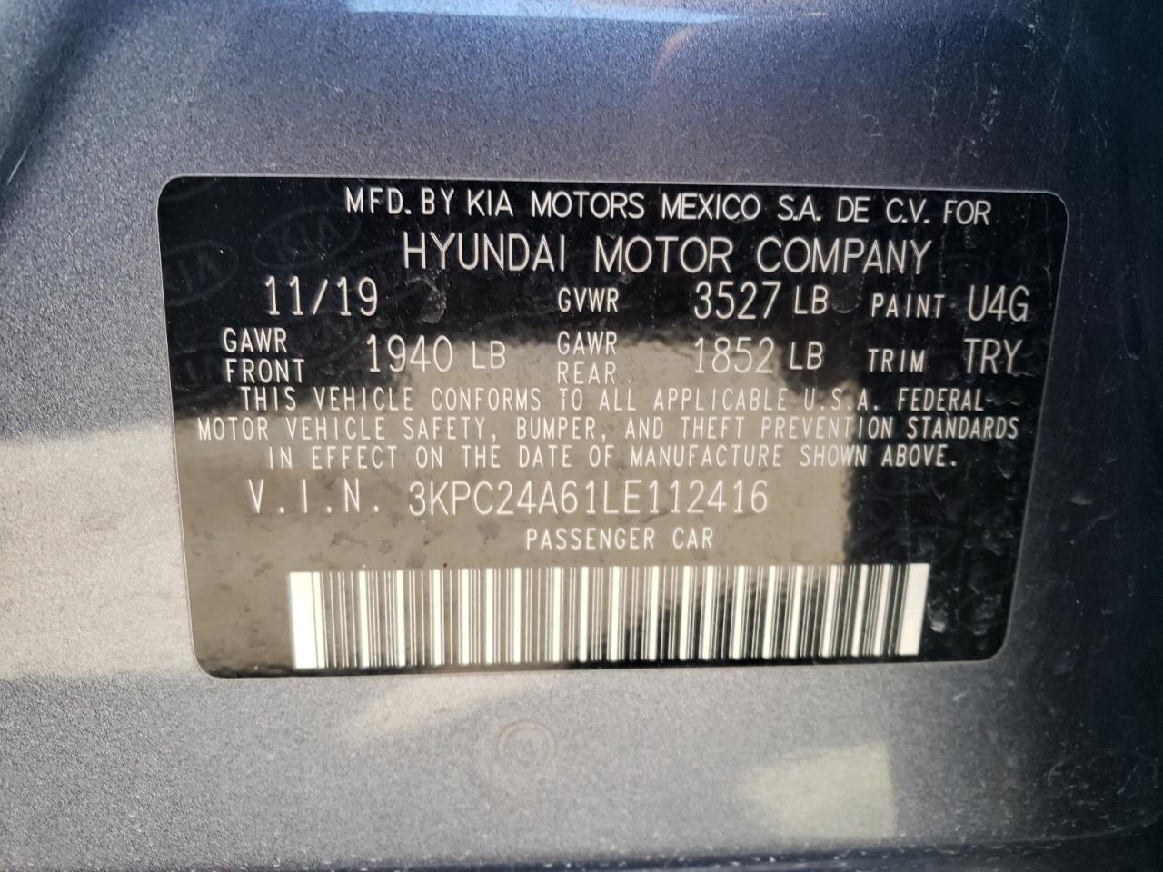 Photo 10 from auction – 2020 HYUNDAI ACCENT SE with VIN 3KPC24A61LE112416