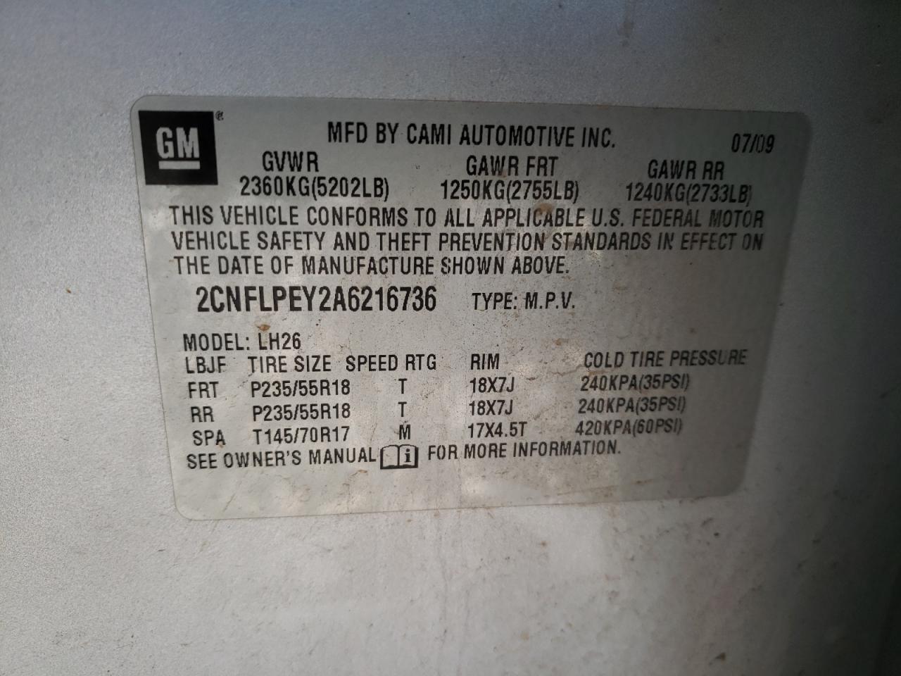 Photo 10 from auction – 2010 CHEVROLET EQUINOX LT with VIN 2CNFLPEY2A6216736