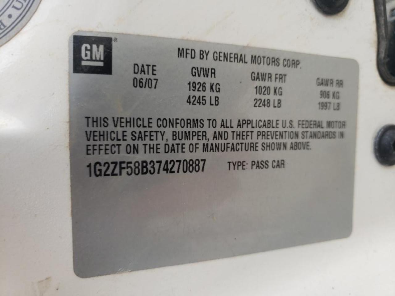 Photo 10 from auction – 2007 PONTIAC G6 VALUE L with VIN 1G2ZF58B374270887