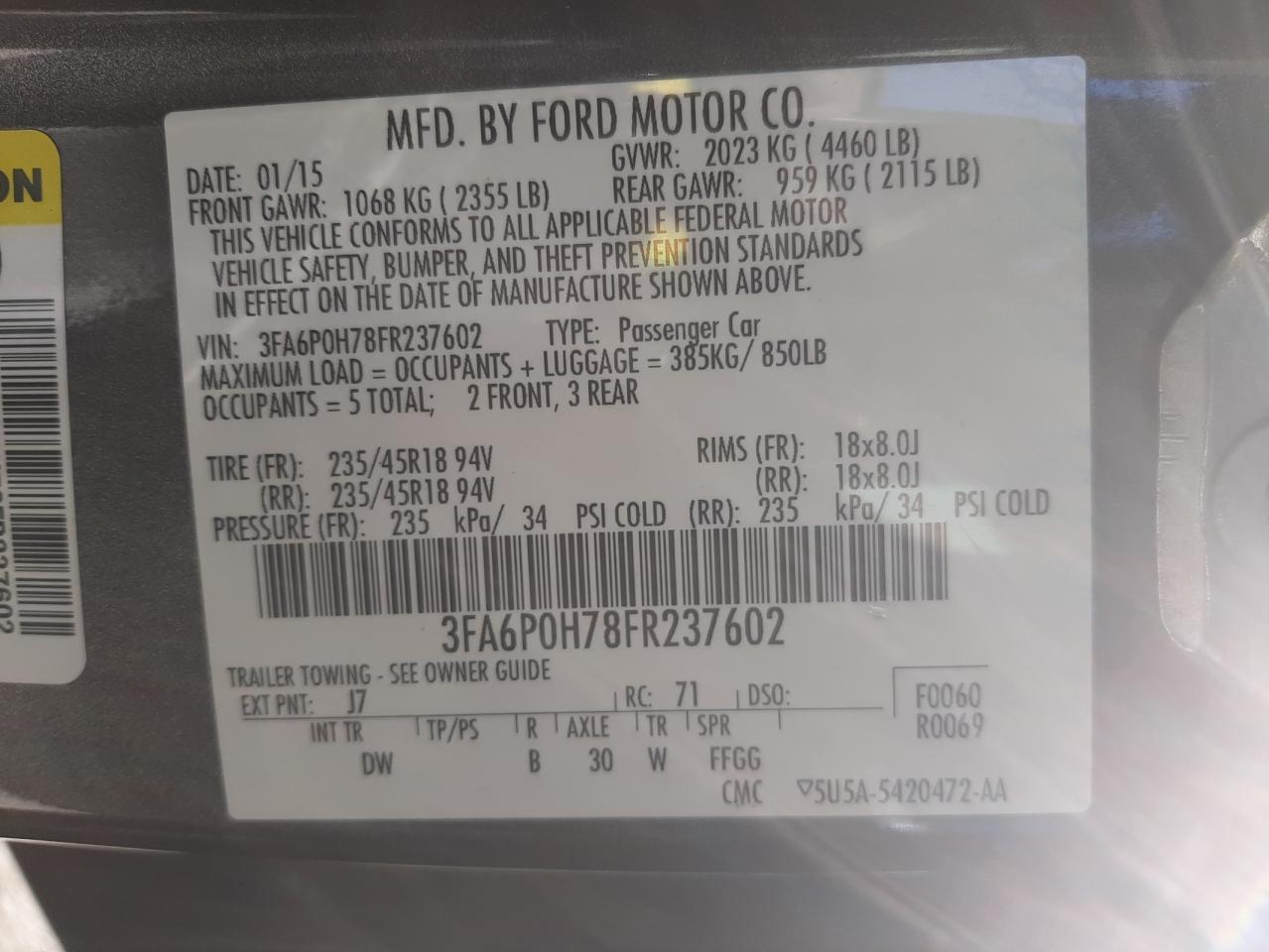 Photo 10 from auction – 2015 FORD FUSION SE with VIN 3FA6P0H78FR237602
