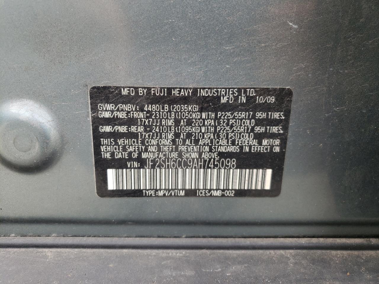 Photo 10 from auction – 2010 SUBARU FORESTER 2 with VIN JF2SH6CC9AH745098