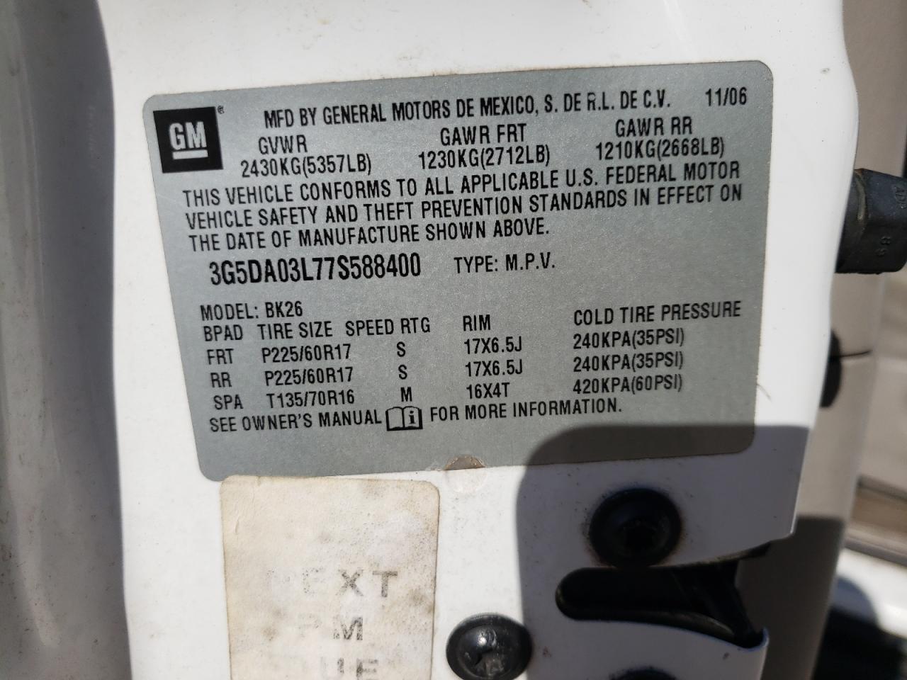 Photo 10 from auction – 2007 BUICK RENDEZVOUS with VIN 3G5DA03L77S588400
