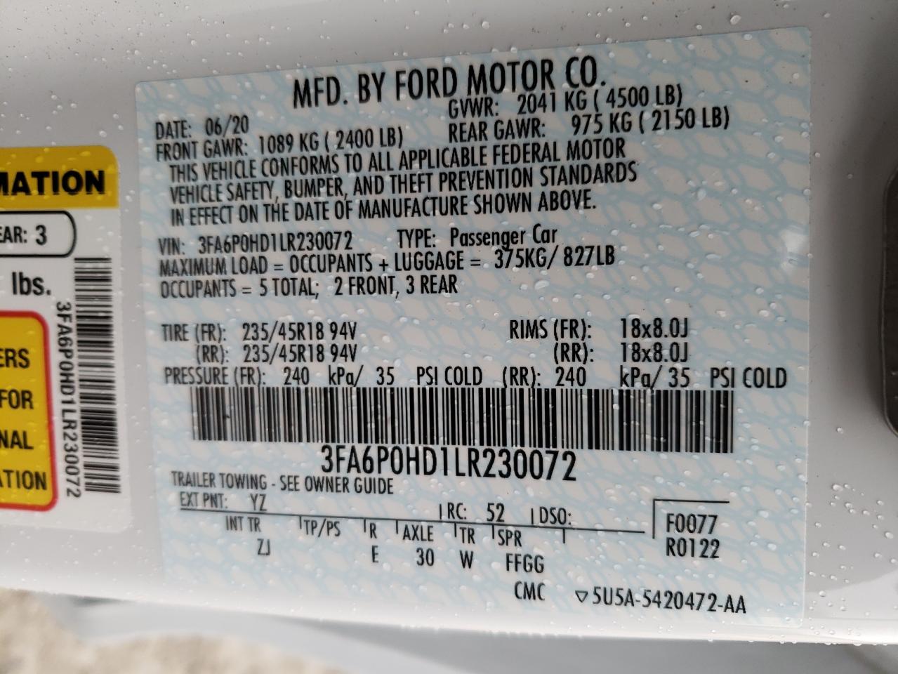 Photo 10 from auction – 2020 FORD FUSION SE with VIN 3FA6P0HD1LR230072