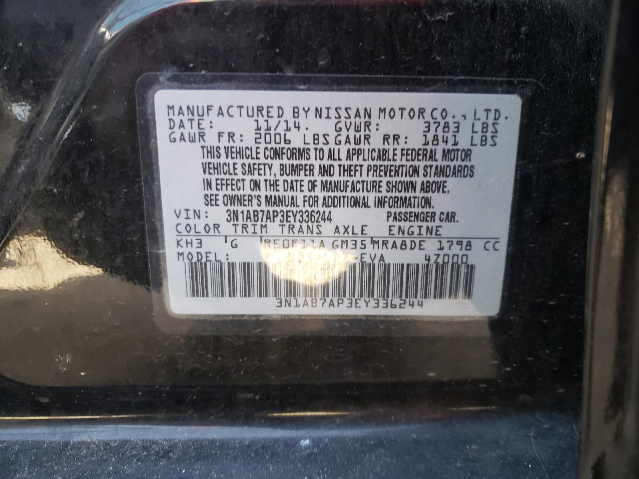 Photo 10 from auction – 2014 NISSAN SENTRA S with VIN 3N1AB7AP3EY336244