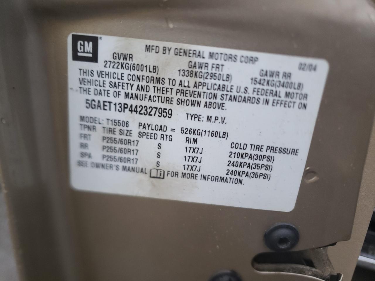Foto 10 de la subasta – 2004 BUICK RAINIER CX con VIN 5GAET13P442327959