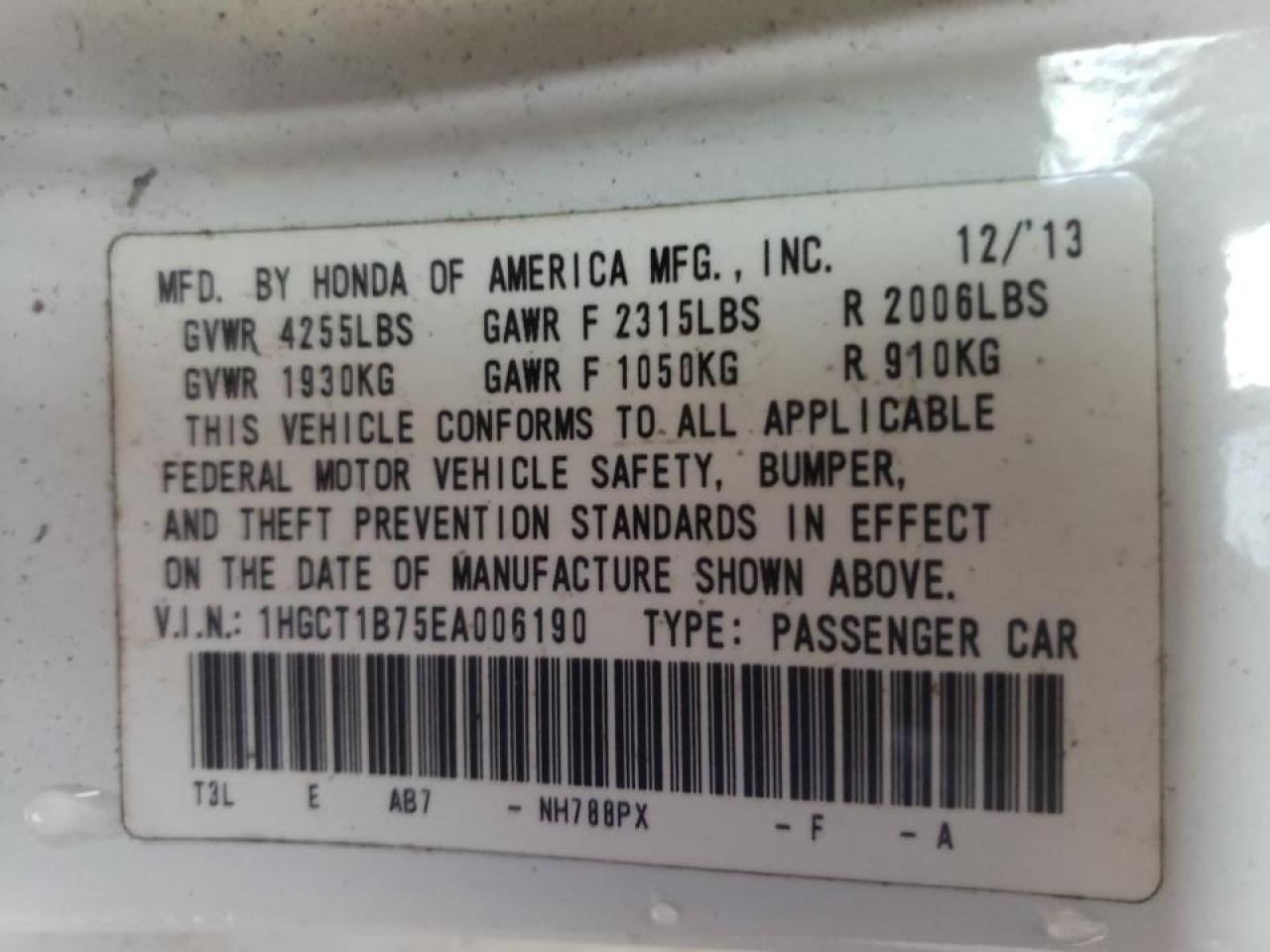 Photo 10 from auction – 2014 HONDA ACCORD EX with VIN 1HGCT1B75EA006190
