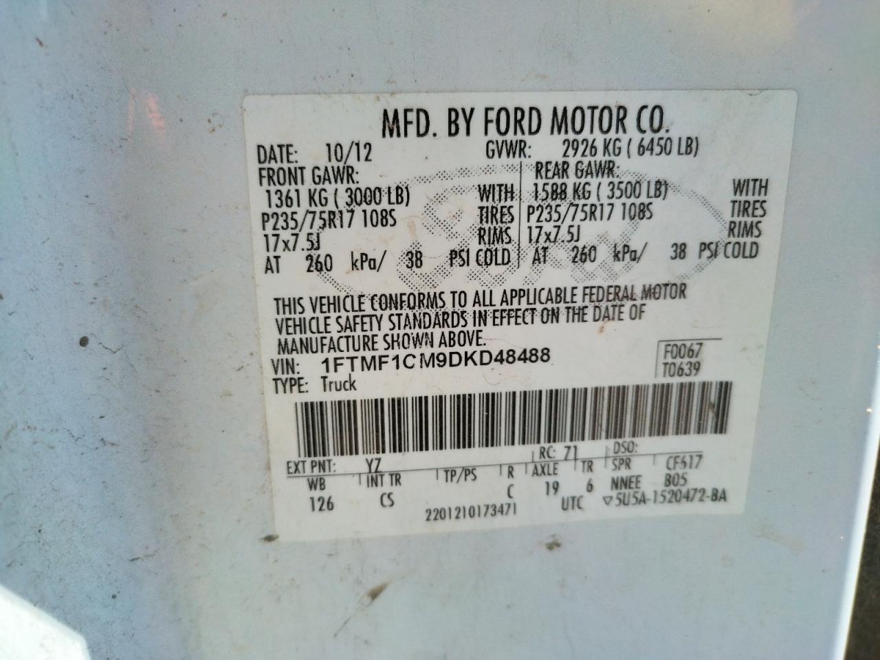 Photo 10 from auction – 2013 FORD F150 with VIN 1FTMF1CM9DKD48488