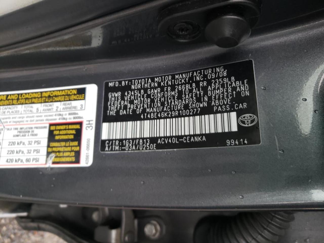 Photo 10 from auction – 2009 TOYOTA CAMRY BASE with VIN 4T4BE46K29R100277