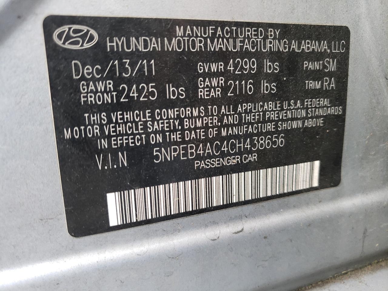 Photo 10 from auction – 2012 HYUNDAI SONATA GLS with VIN 5NPEB4AC4CH438656