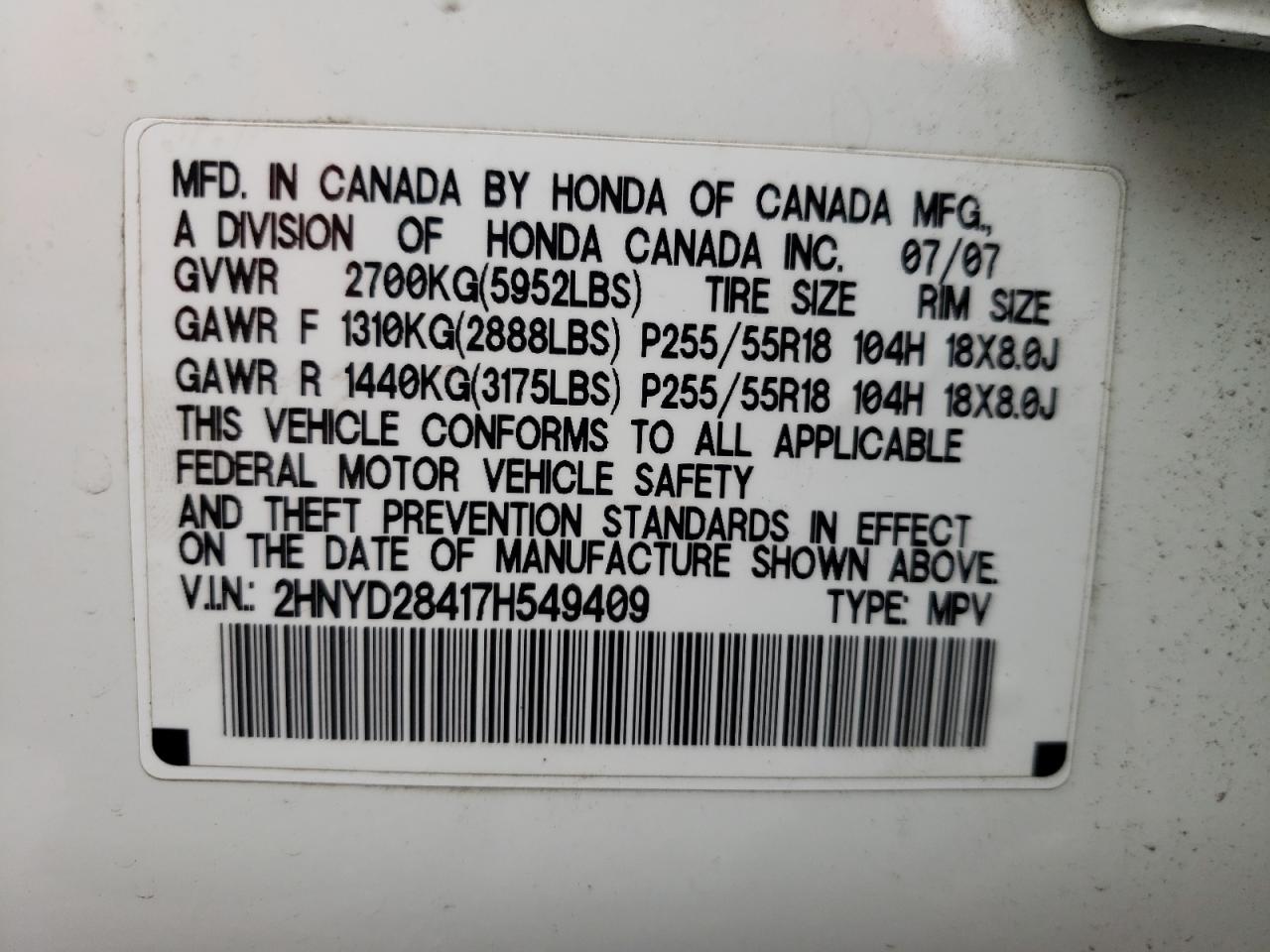 Photo 10 from auction – 2007 ACURA MDX TECHNO with VIN 2HNYD28417H549409