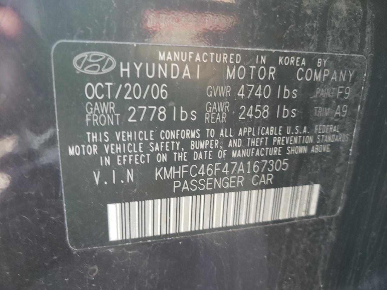 Photo 10 from auction – 2007 HYUNDAI AZERA SE with VIN KMHFC46F47A167305