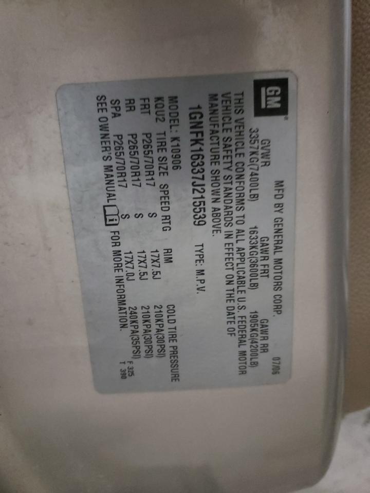 Photo 10 from auction – 2007 CHEVROLET SUBURBAN K with VIN 1GNFK16337J215539