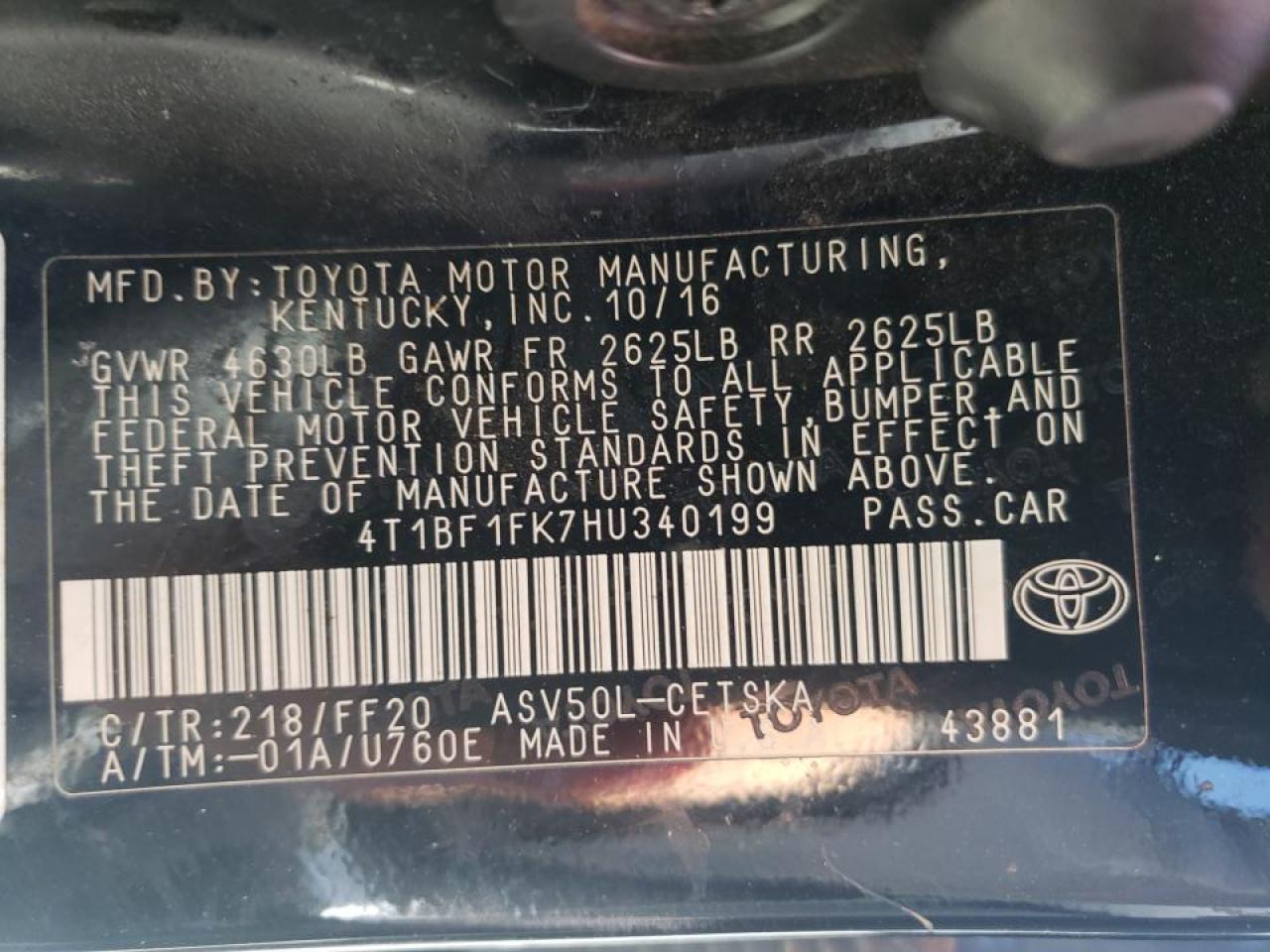 Photo 10 from auction – 2017 TOYOTA CAMRY LE with VIN 4T1BF1FK7HU340199