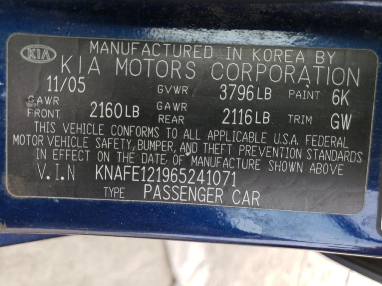Photo 10 from auction – 2006 KIA SPECTRA LX with VIN KNAFE121965241071