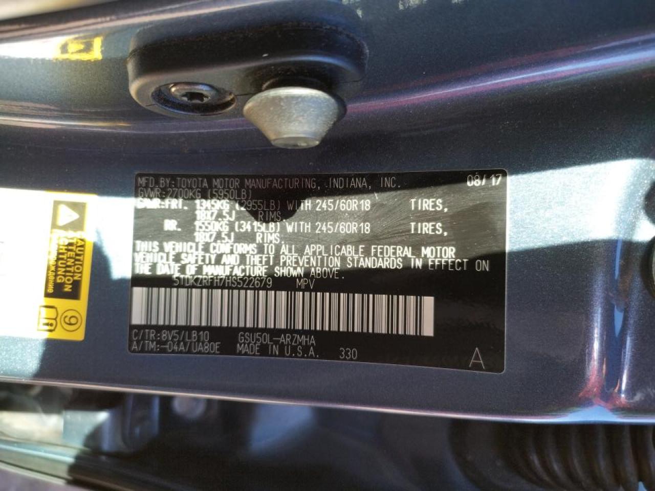 Photo 10 from auction – 2017 TOYOTA HIGHLANDER with VIN 5TDKZRFH7HS522679