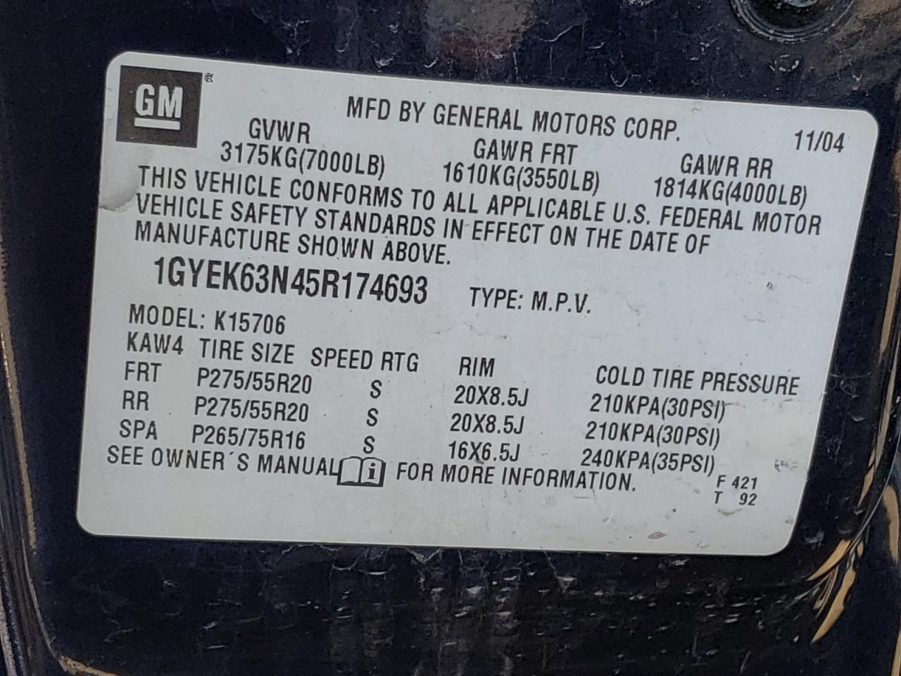 Photo 10 from auction – 2005 CADILLAC ESCALADE L with VIN 1GYEK63N45R174693