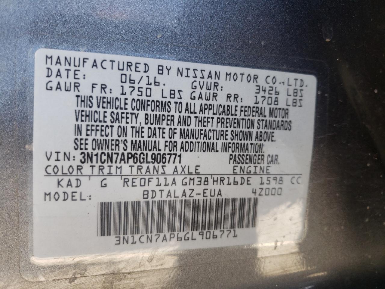 Photo 10 from auction – 2016 NISSAN VERSA S with VIN 3N1CN7AP6GL906771