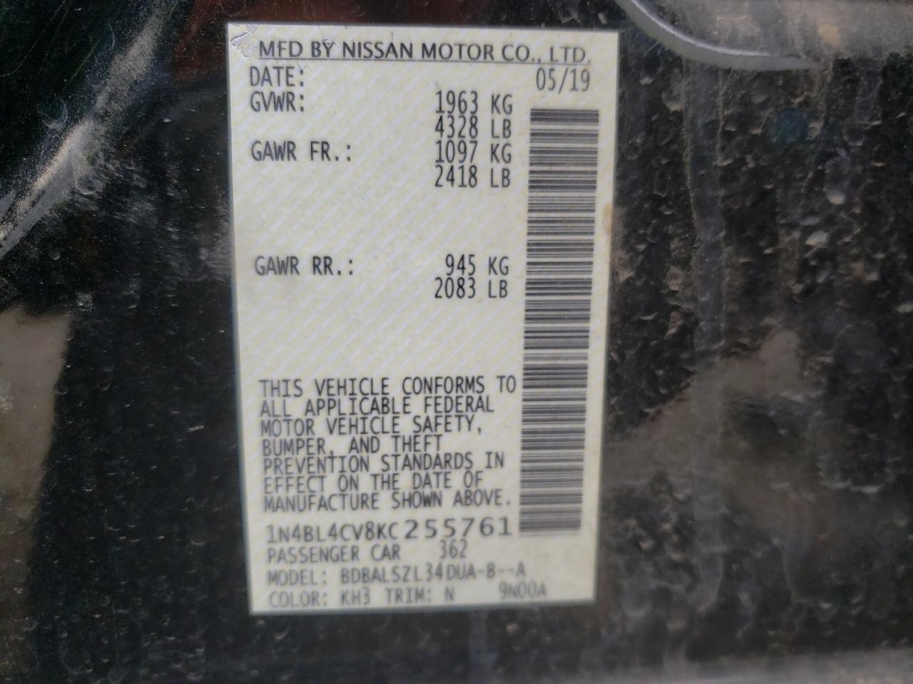 Photo 10 from auction – 2019 NISSAN ALTIMA SR with VIN 1N4BL4CV8KC255761