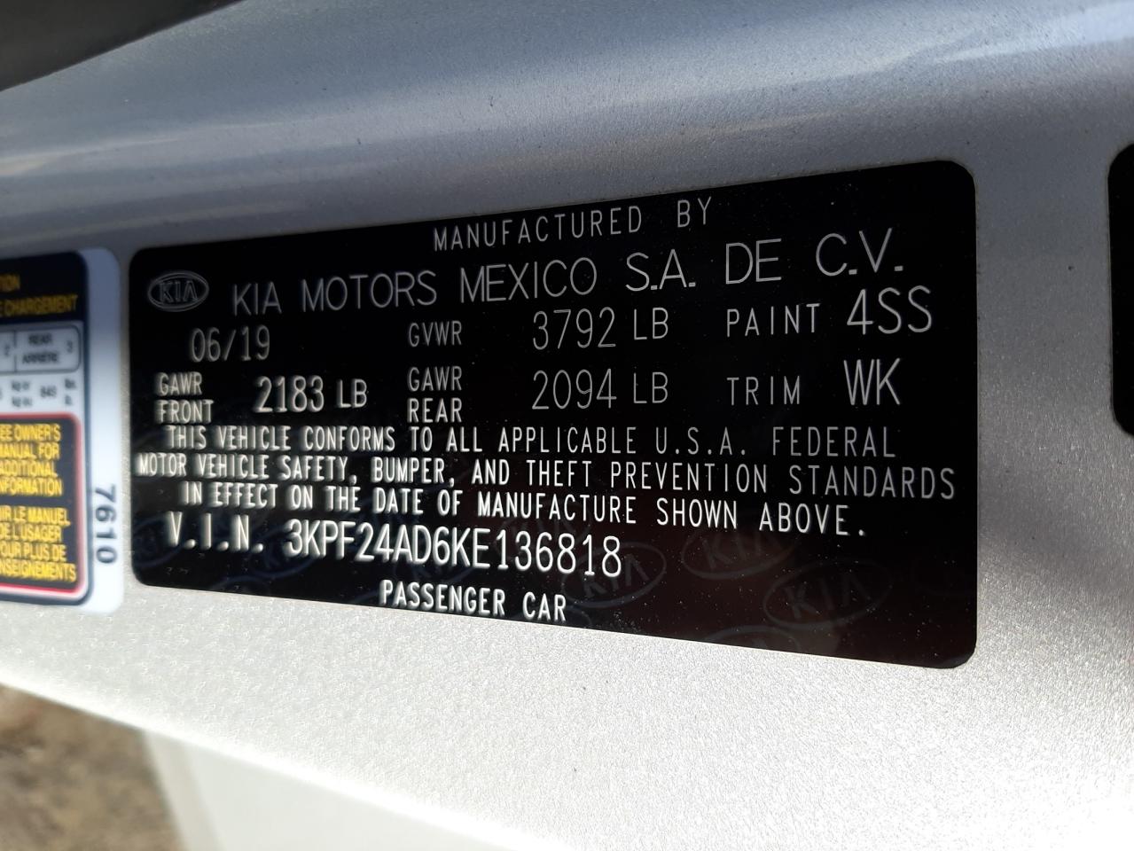 Photo 10 from auction – 2019 KIA FORTE FE with VIN 3KPF24AD6KE136818