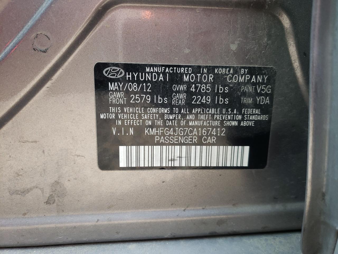 Photo 10 from auction – 2012 HYUNDAI AZERA GLS with VIN KMHFG4JG7CA167412
