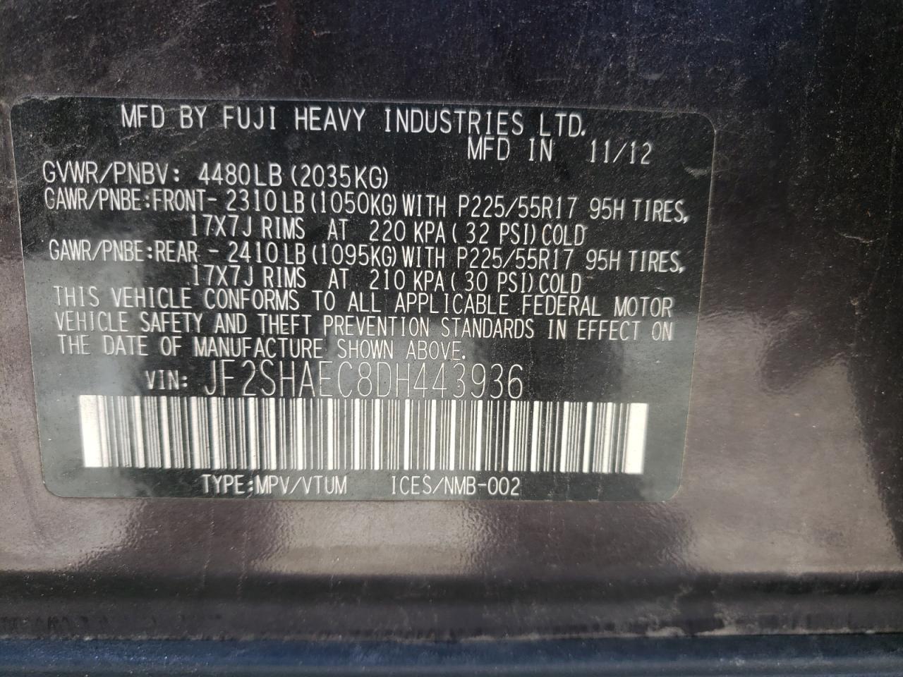 Photo 10 from auction – 2013 SUBARU FORESTER L with VIN JF2SHAEC8DH443936