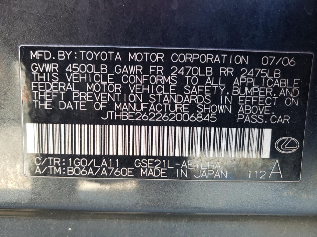 Photo 10 from auction – 2006 LEXUS IS 350 with VIN JTHBE262262006845