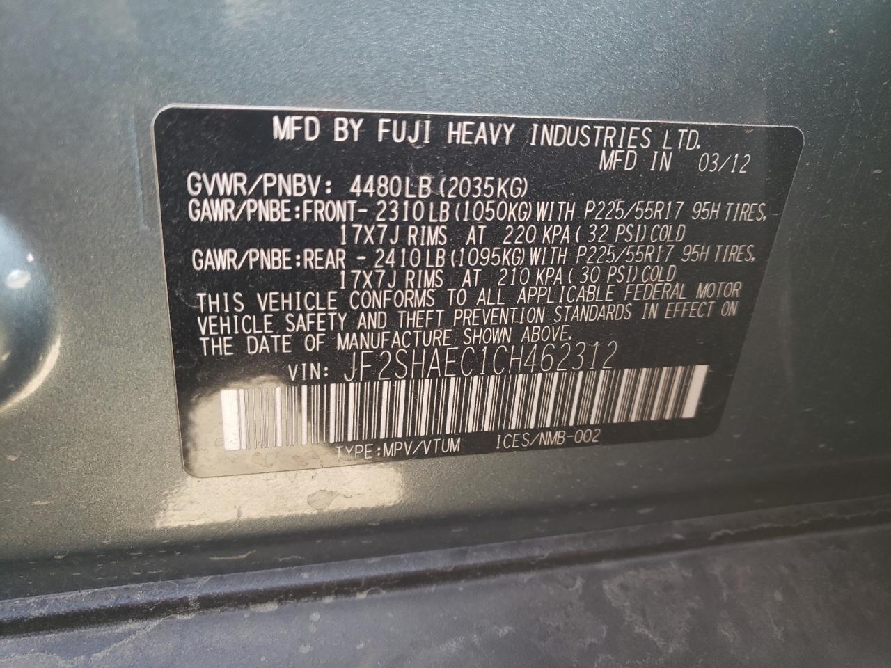 Photo 10 from auction – 2012 SUBARU FORESTER L with VIN JF2SHAEC1CH462312
