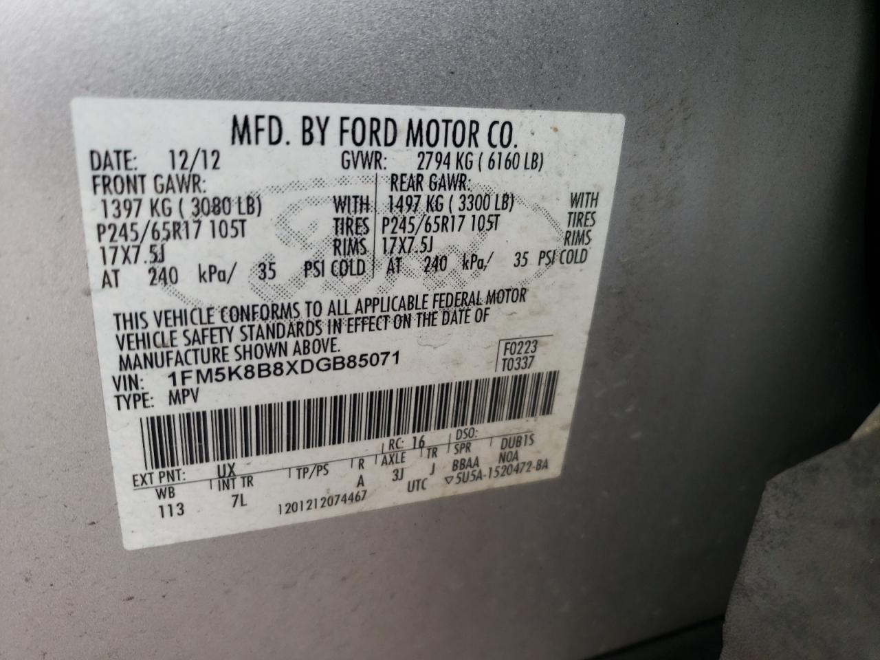 Photo 10 from auction – 2013 FORD EXPLORER with VIN 1FM5K8B8XDGB85071