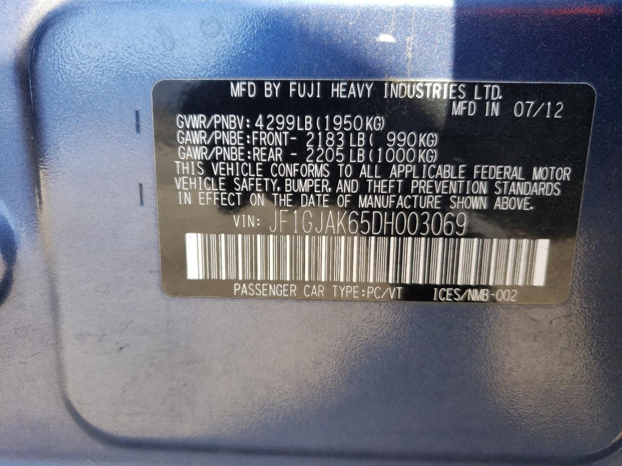 Photo 10 from auction – 2013 SUBARU IMPREZA LI with VIN JF1GJAK65DH003069