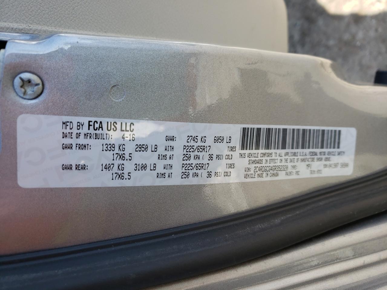 Photo 10 from auction – 2016 DODGE GRAND CARA with VIN 2C4RDGCG4GR352320
