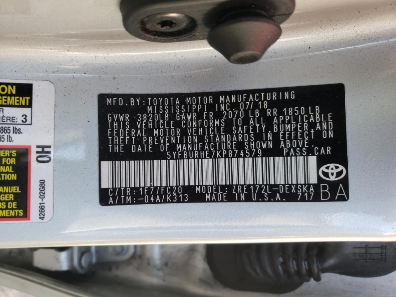 Photo 10 from auction – 2019 TOYOTA COROLLA L with VIN 5YFBURHE7KP874579